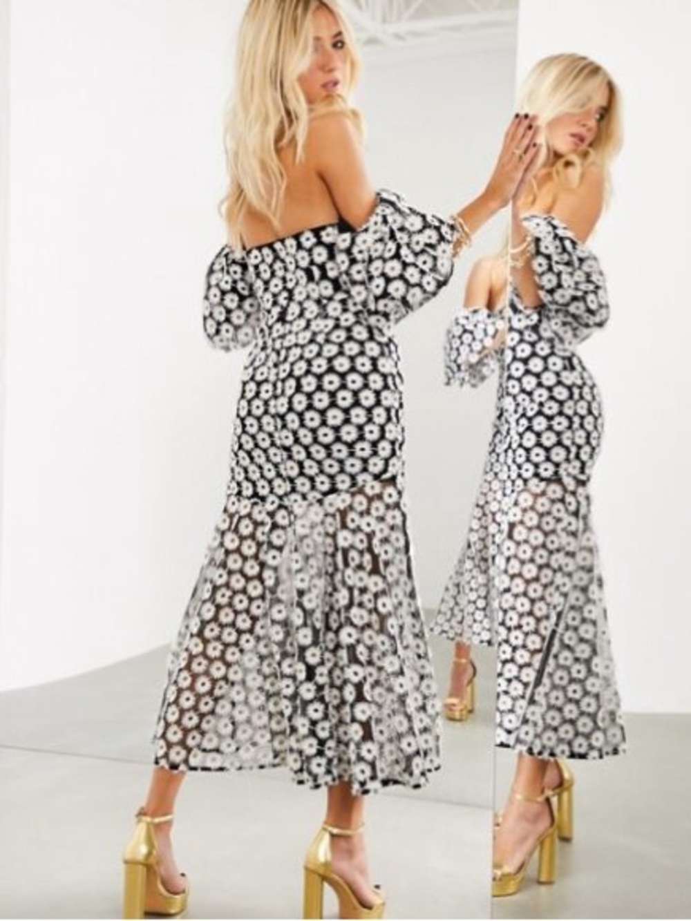 ASOS Black & White Off-Shoulder Floral Maxi Dress